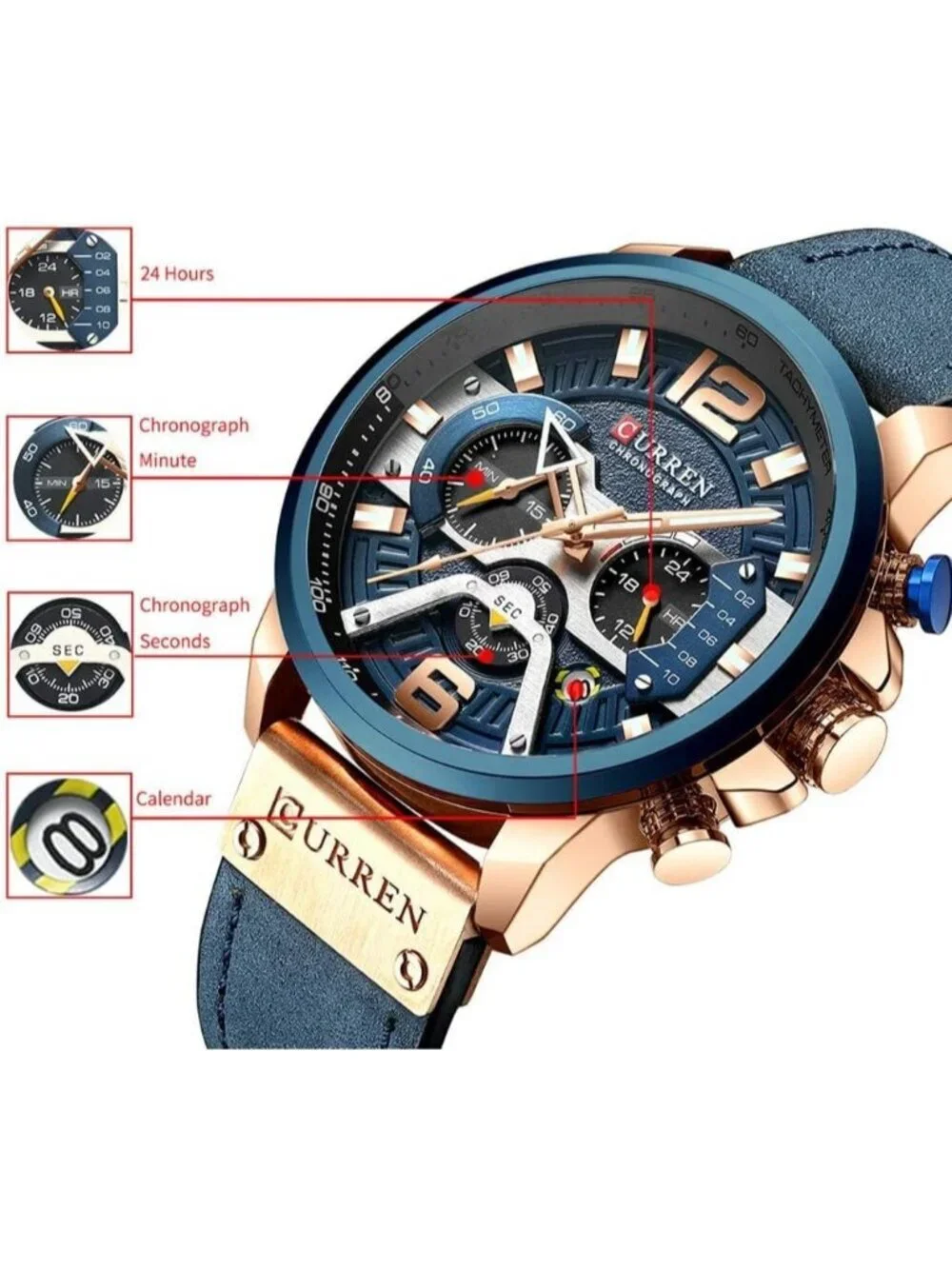 Men's Blue Rose Gold Analog Waterproof Leather Strap Chronograph Luxury Watch